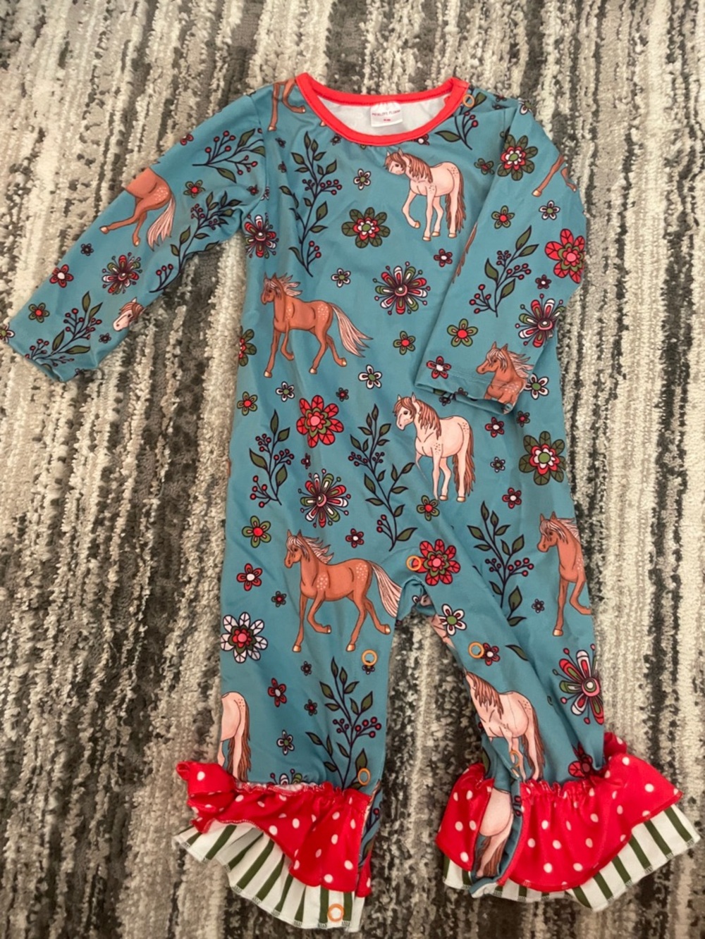 Girls Blue Horse Print One-Piece Romper with Red Ruffle Trim